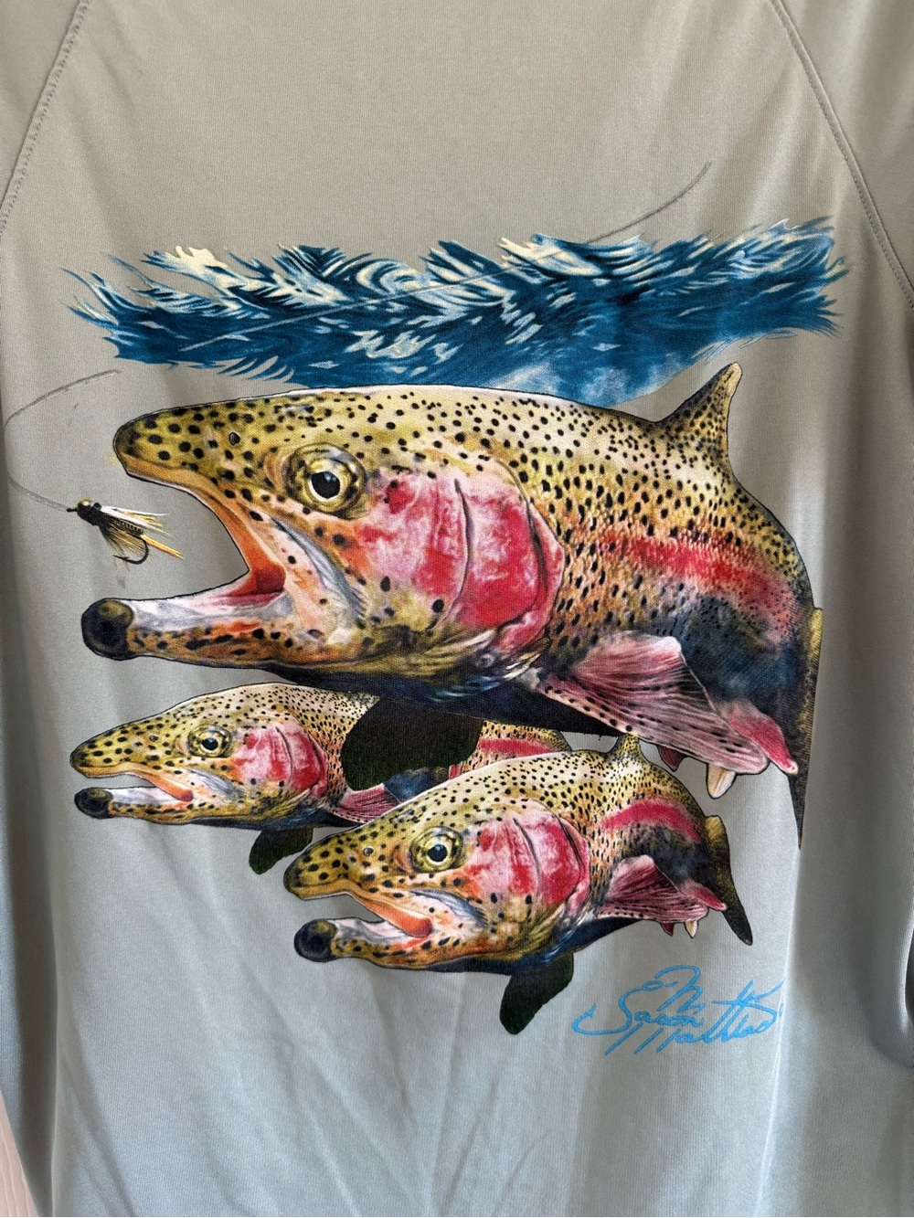 Bass Pro Shops Men's Short Sleeve Shirt Green with Rainbow Trout Image on Back